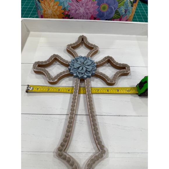 Farmhouse Cottagecore Wall Cross with Blue Flower  Christian Faith Decor 16” - Picture 6 of 8